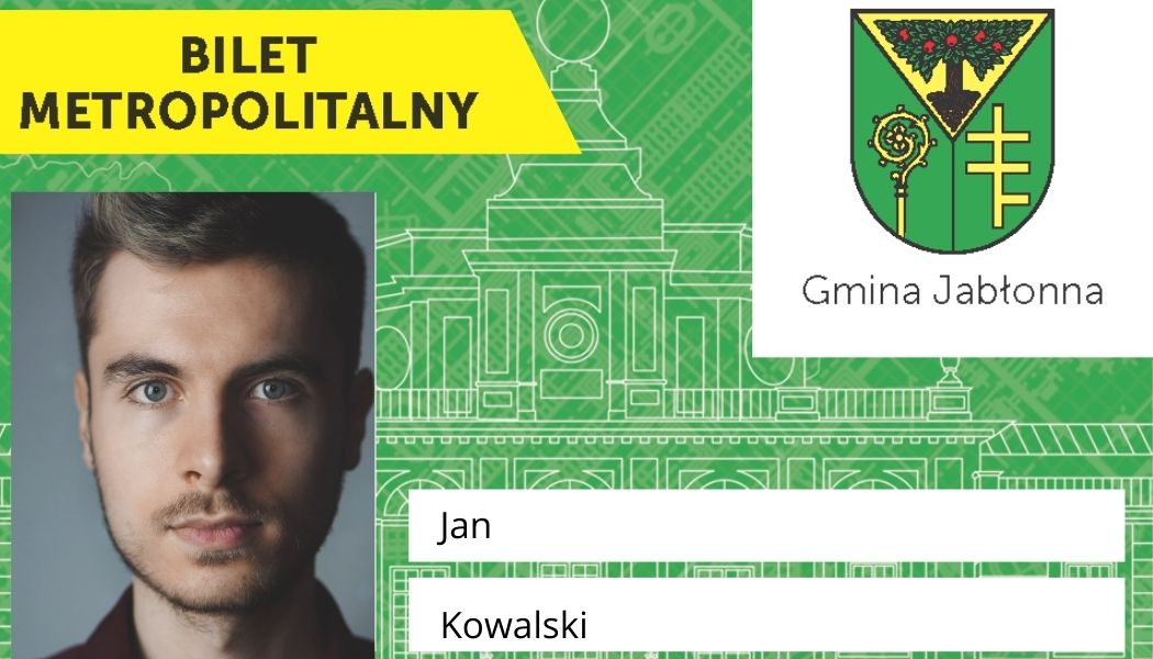 Blankiet karty Biletu Metropolitalnego z herbem Gminy jabłonna oraz zdjęciem mężczyzny i podpisem Jan Kowalski Blankiet karty Biletu Metropolitalnego z herbem Gminy jabłonna oraz zdjęciem mężczyzny i podpisem Jan Kowalski